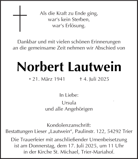 Traueranzeige von Norbert Lautwein von trierischer_volksfreund