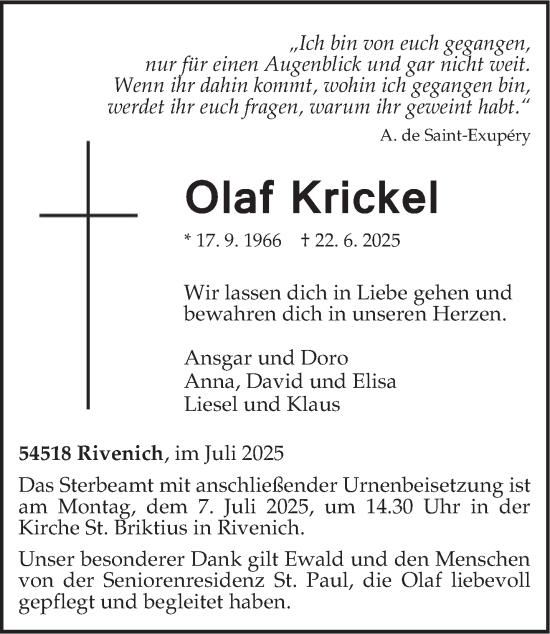 Traueranzeige von Olaf Krickel von trierischer_volksfreund