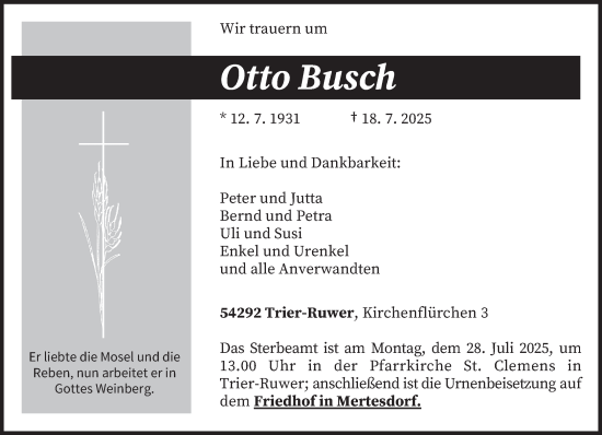 Traueranzeige von Otto Busch von trierischer_volksfreund