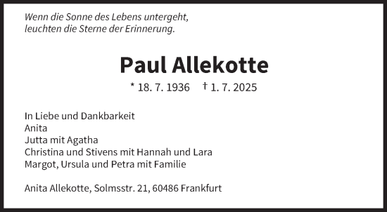 Traueranzeige von Paul Allekotte von trierischer_volksfreund