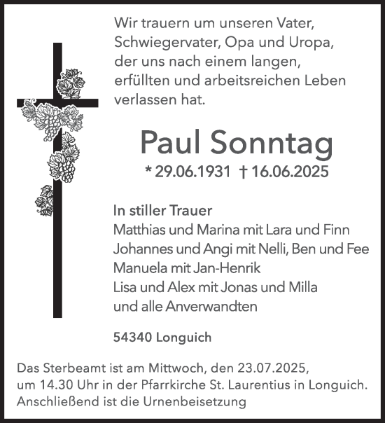 Traueranzeige von Paul Sonntag von trierischer_volksfreund