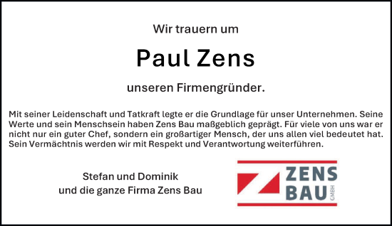 Traueranzeige von Paul Zens von trierischer_volksfreund