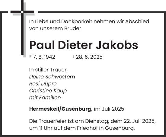Traueranzeige von Paul Dieter Jakobs von trierischer_volksfreund