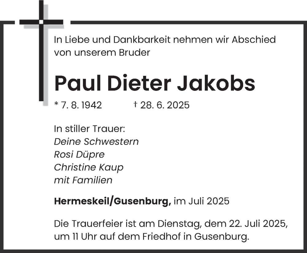  Traueranzeige für Paul Dieter Jakobs vom 19.07.2025 aus trierischer_volksfreund