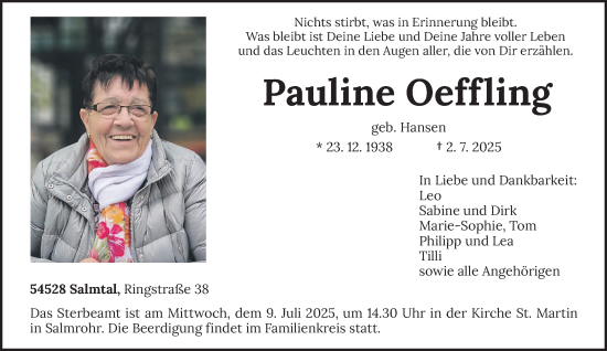 Traueranzeige von Pauline Oeffling von trierischer_volksfreund