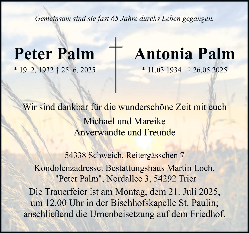  Traueranzeige für Peter Palm vom 12.07.2025 aus trierischer_volksfreund