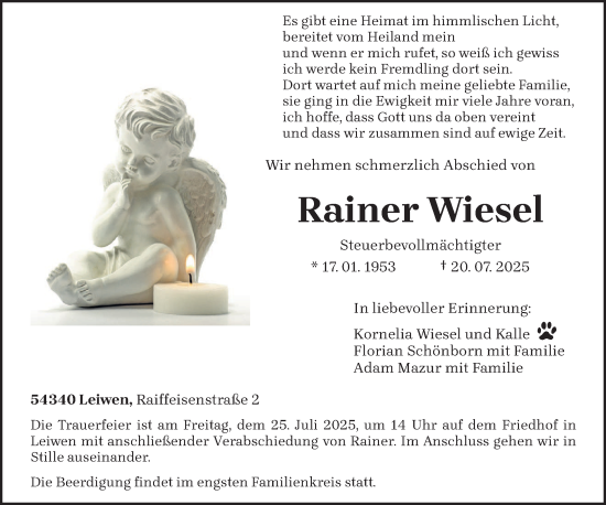 Traueranzeige von Rainer Wiesel von trierischer_volksfreund