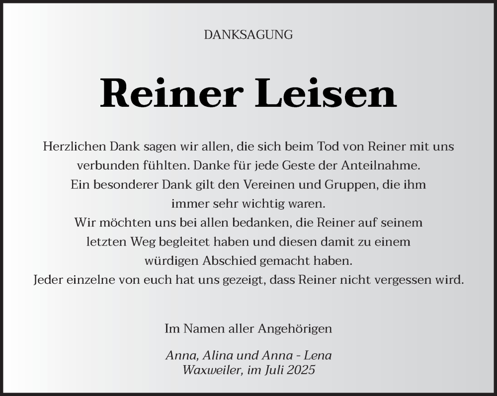  Traueranzeige für Reiner Leisen vom 19.07.2025 aus trierischer_volksfreund