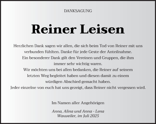 Traueranzeige von Reiner Leisen von trierischer_volksfreund