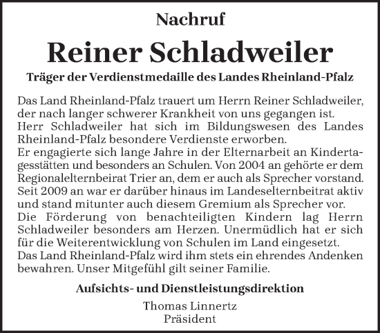Traueranzeige von Reiner Schladweiler von trierischer_volksfreund