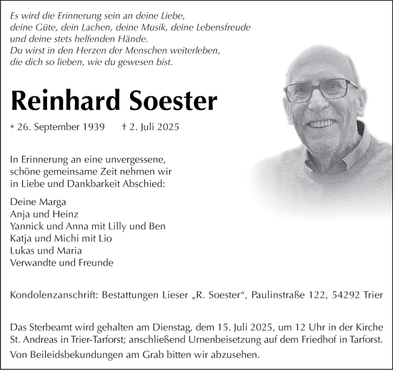 Traueranzeige von Reinhard Soester von trierischer_volksfreund