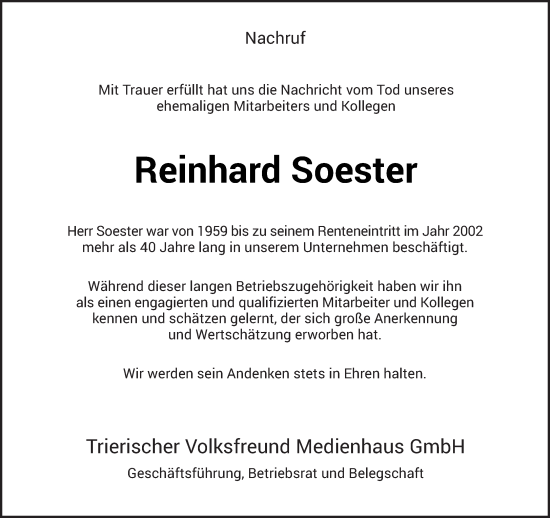 Traueranzeige von Reinhard Soester von trierischer_volksfreund