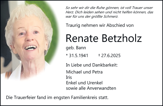 Traueranzeige von Renate Betzholz von trierischer_volksfreund