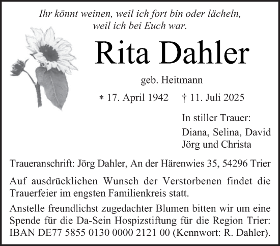 Traueranzeige von Rita Dahler von trierischer_volksfreund