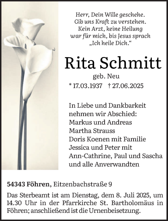Traueranzeige von Rita Schmitt von trierischer_volksfreund