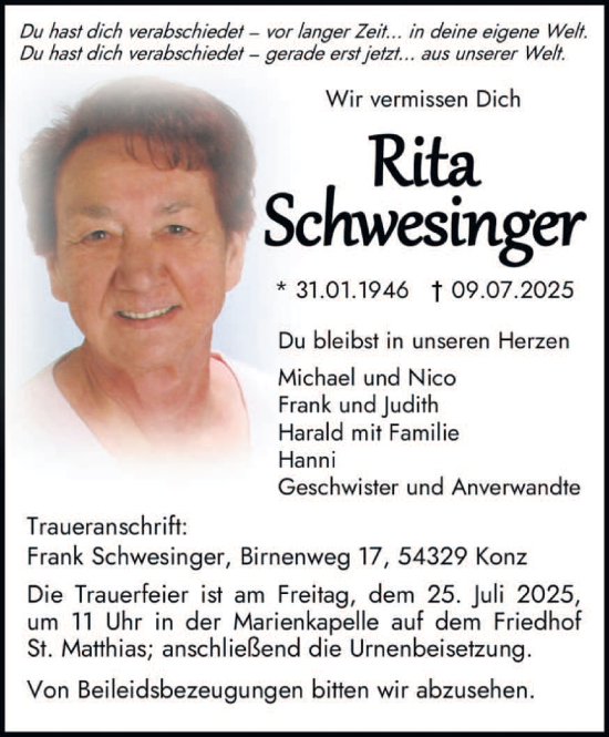 Traueranzeige von Rita Schwesinger von trierischer_volksfreund