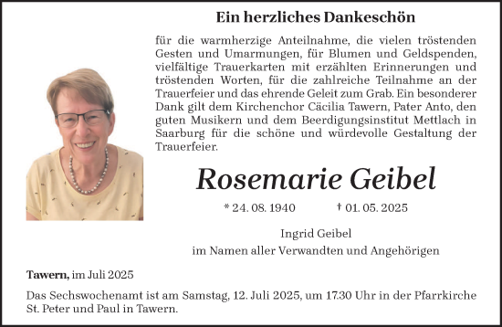 Traueranzeige von Rosemarie Geibel von trierischer_volksfreund