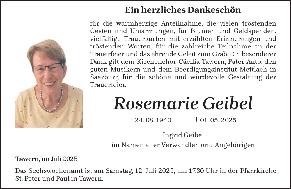  Traueranzeige für Rosemarie Geibel vom 05.07.2025 aus trierischer_volksfreund
