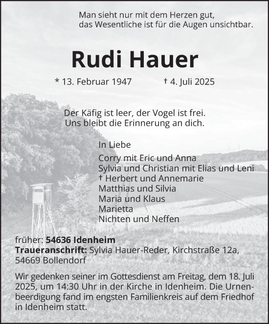 Traueranzeige von Rudi Hauer von trierischer_volksfreund
