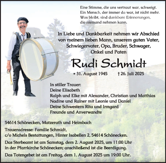 Traueranzeige von Rudi Schmidt von trierischer_volksfreund