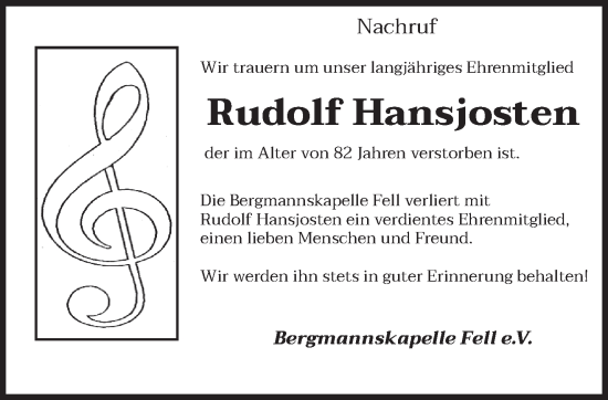 Traueranzeige von Rudolf Hansjosten von trierischer_volksfreund