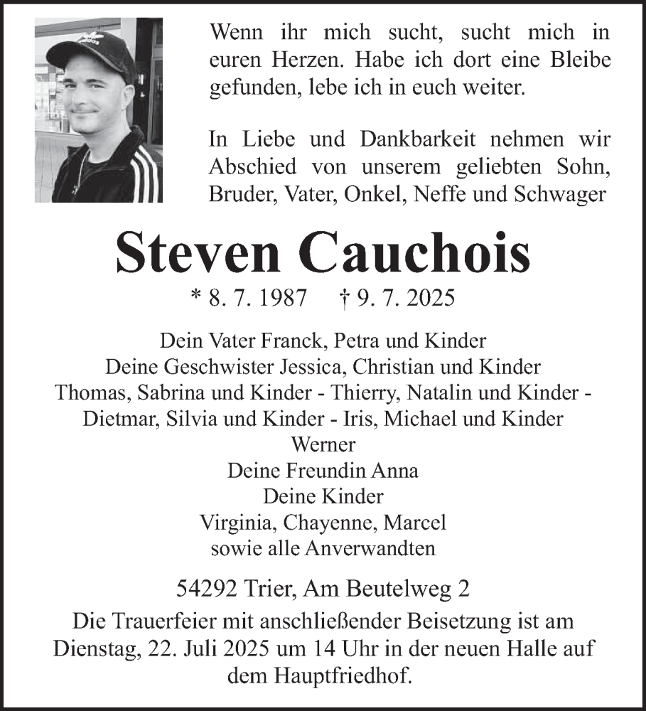  Traueranzeige für Steven Cauchois vom 19.07.2025 aus trierischer_volksfreund