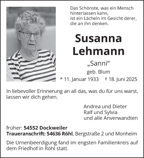 Traueranzeige von Susanna Lehmann von trierischer_volksfreund