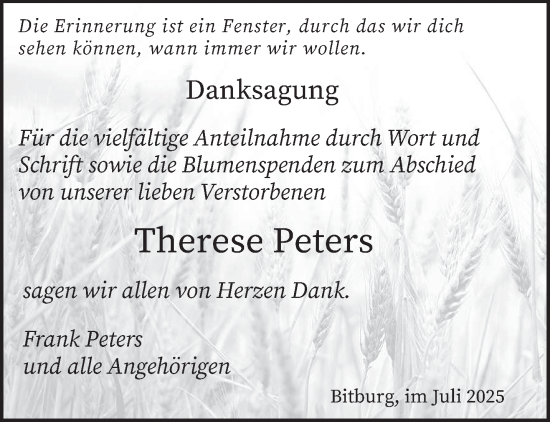 Traueranzeige von Therese Peters von trierischer_volksfreund