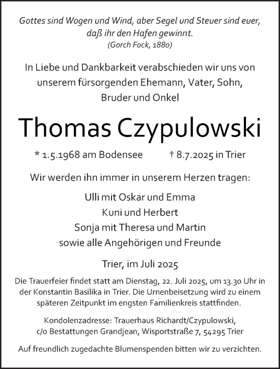 Traueranzeige von Thomas Czypulowski von trierischer_volksfreund