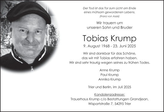 Traueranzeige von Tobias Krump von trierischer_volksfreund