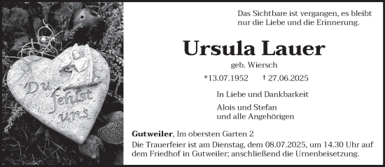 Traueranzeige von Ursula Lauer von trierischer_volksfreund