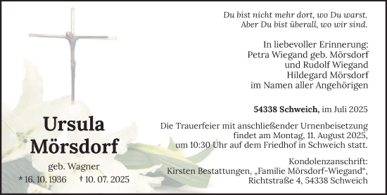Traueranzeige von Ursula Mörsdorf von trierischer_volksfreund
