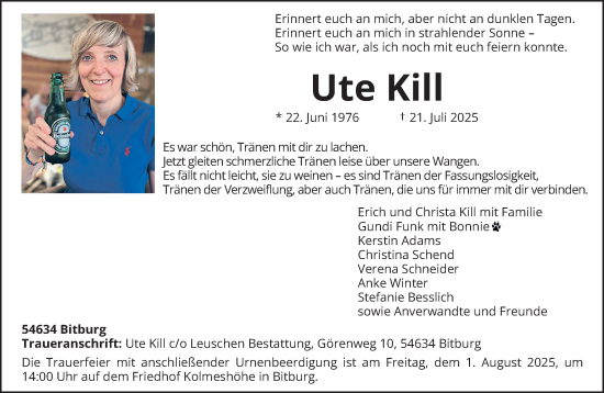 Traueranzeige von Ute Kill von trierischer_volksfreund