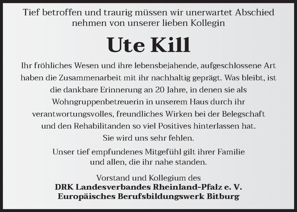  Traueranzeige für Ute Kill vom 26.07.2025 aus trierischer_volksfreund