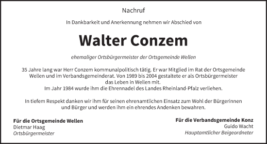 Traueranzeige von Walter Conzem von trierischer_volksfreund