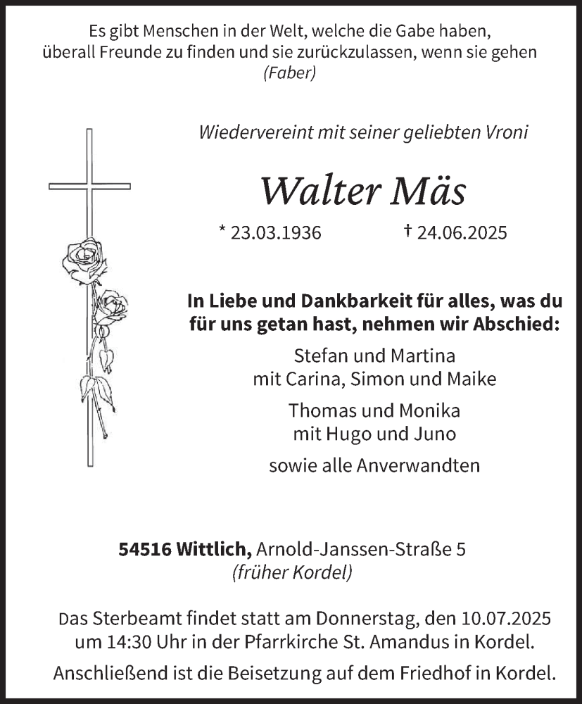  Traueranzeige für Walter Mäs vom 02.07.2025 aus trierischer_volksfreund