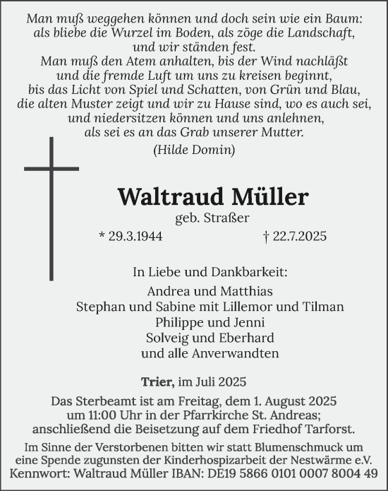 Traueranzeige von Waltraud Müller von trierischer_volksfreund