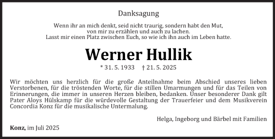 Traueranzeige von Werner Hullik von trierischer_volksfreund