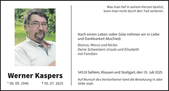Traueranzeige von Werner Kaspers von trierischer_volksfreund