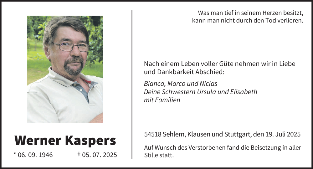  Traueranzeige für Werner Kaspers vom 19.07.2025 aus trierischer_volksfreund