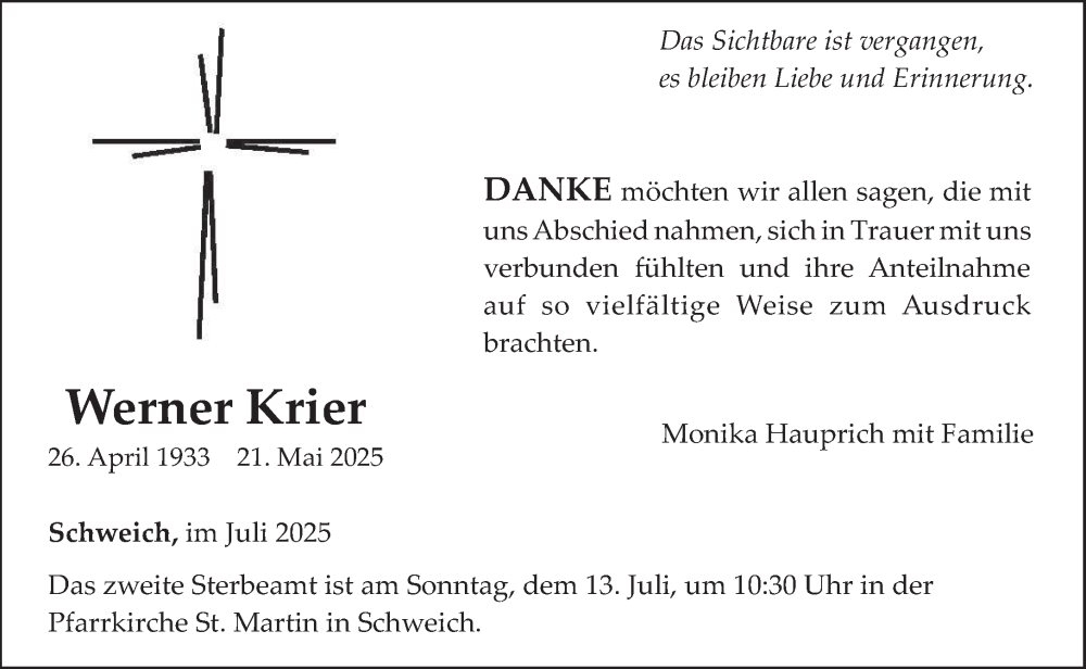  Traueranzeige für Werner Krier vom 05.07.2025 aus trierischer_volksfreund