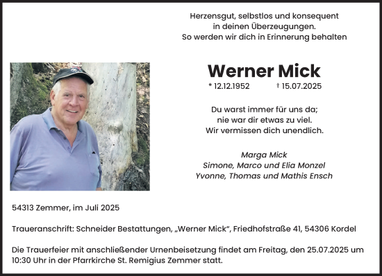 Traueranzeige von Werner Mick von trierischer_volksfreund