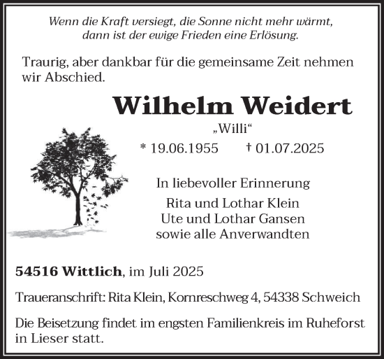 Traueranzeige von Wilhelm Weidert von trierischer_volksfreund