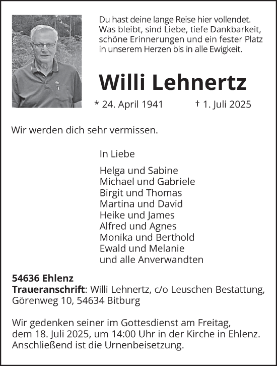 Traueranzeige von Willi Lehnertz von trierischer_volksfreund