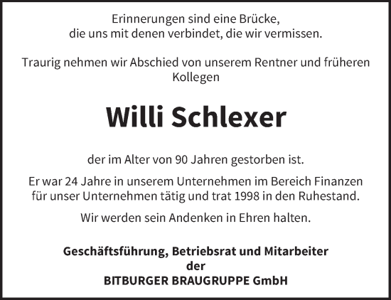Traueranzeige von Willi Schlexer von trierischer_volksfreund