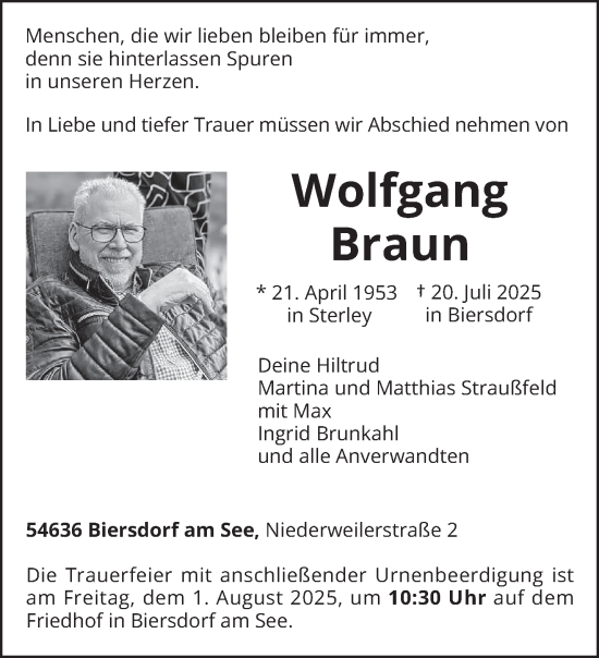 Traueranzeige von Wolfgang Braun von trierischer_volksfreund