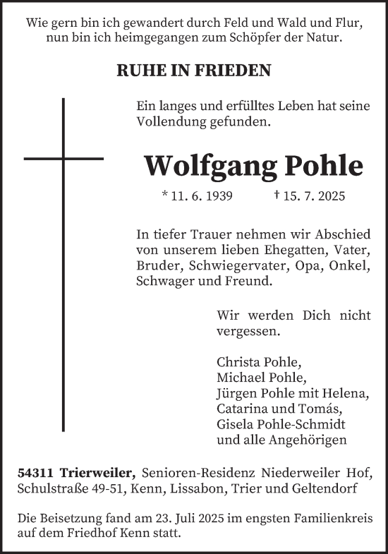 Traueranzeige von Wolfgang Pohle von trierischer_volksfreund