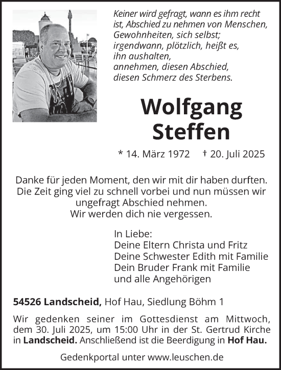 Traueranzeige von Wolfgang Steffen von trierischer_volksfreund