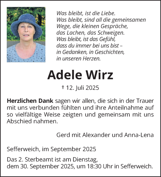 Traueranzeige von Adele Wirz von trierischer_volksfreund