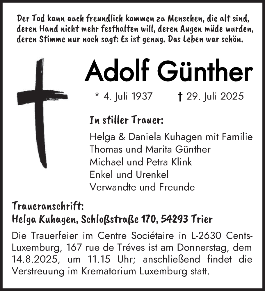  Traueranzeige für Adolf Günther vom 09.08.2025 aus trierischer_volksfreund